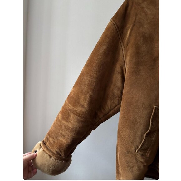 1990s Suede & Faux Fur Bomber Coat | Vintage Tan Aviator Jacket - Picture 5 of 8
